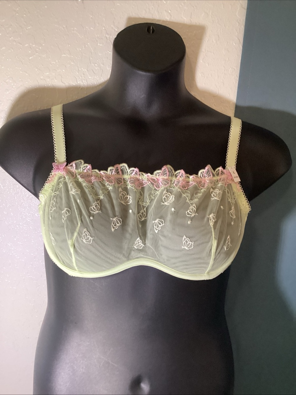 Victoria's Secret Light Green Sheer Embroidered Balconette Bra with Pink Trim
